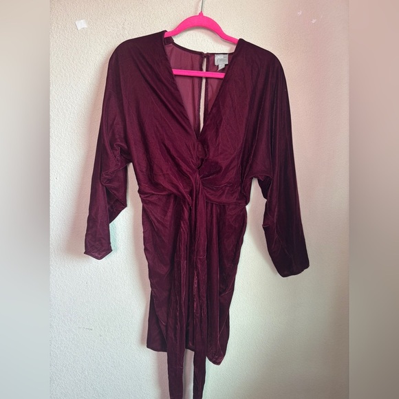 ASOS Design Maroon Burgundy Velvet Drape Long Sleeve Faux Wrap Mini Dress 4 - Picture 2 of 7